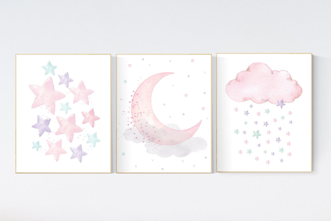 Pink, mint, purple, Nursery decor girl, stars, moon and cloud, nursery wall decor, nursery prints, pink nursery, pink purple, girl nursery