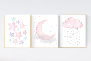 Pink, mint, purple, Nursery decor girl, stars, moon and cloud, nursery wall decor, nursery prints, pink nursery, pink purple, girl nursery