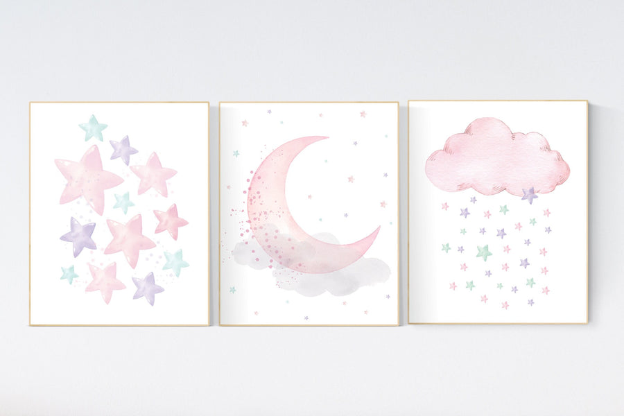 Pink, mint, purple, Nursery decor girl, stars, moon and cloud, nursery wall decor, nursery prints, pink nursery, pink purple, girl nursery