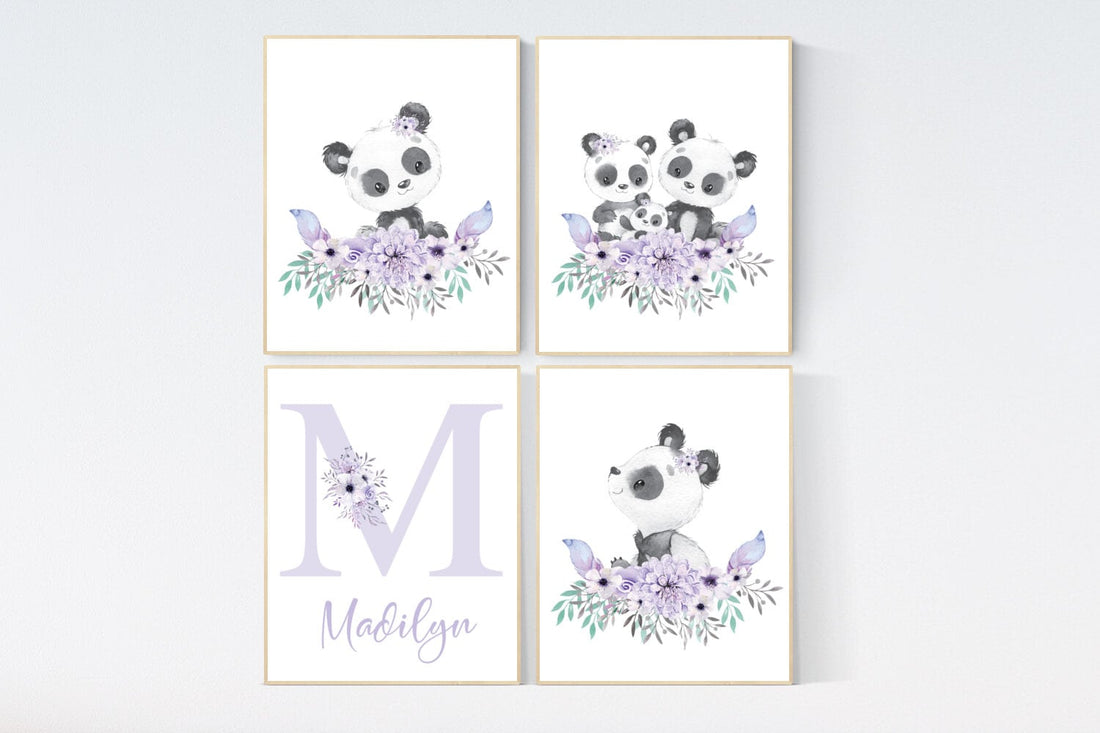 Nursery decor girl, panda nursery, purple nursery wall art, floral nursery, nursery decor animal, girl nursery wall decor, flower nursery
