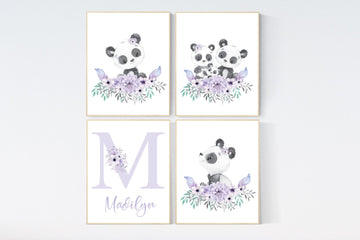 Nursery decor girl, panda nursery, purple nursery wall art, floral nursery, nursery decor animal, girl nursery wall decor, flower nursery
