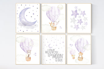 Nursery decor girl hot air balloon, Nursery decor girl purple, purple nursery, lilac nursery print, lavender nursery wall art, baby girl