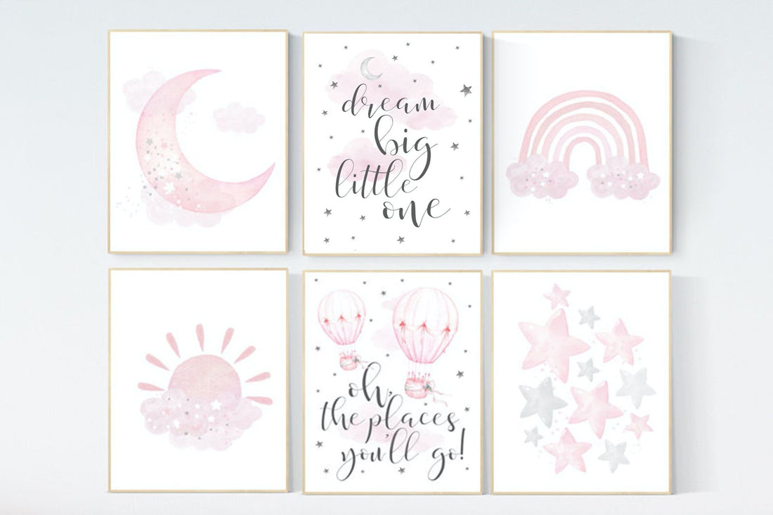 Nursery prints girl, pink grey, rainbow, moon and star, cloud, sun, baby room decor, girl nursery wall art, pink gray, nursery wall decor