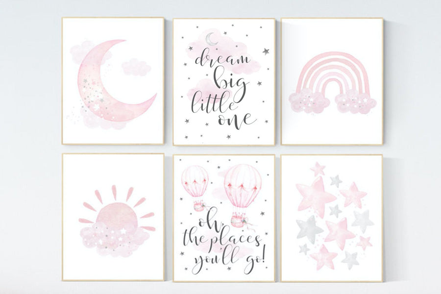 Nursery prints girl, pink grey, rainbow, moon and star, cloud, sun, baby room decor, girl nursery wall art, pink gray, nursery wall decor