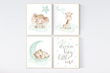 Nursery wall art mint, nursery wall art animals, baby room decor mint, woodland, jungle,  elephant, giraffe, bear, mint green, print