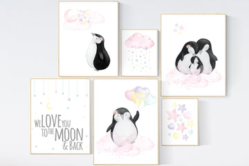 Girl room decor, penguin prints, pink, purple, teal, yellow , penguin, penguin nursery, moon and stars, girl room decor girl, pastel colors