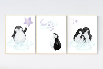 Penguin nursery, cloud and stars, purple teal nursery art. baby room wall art, nursery wall art penguin, lilac, lavender teal nursery