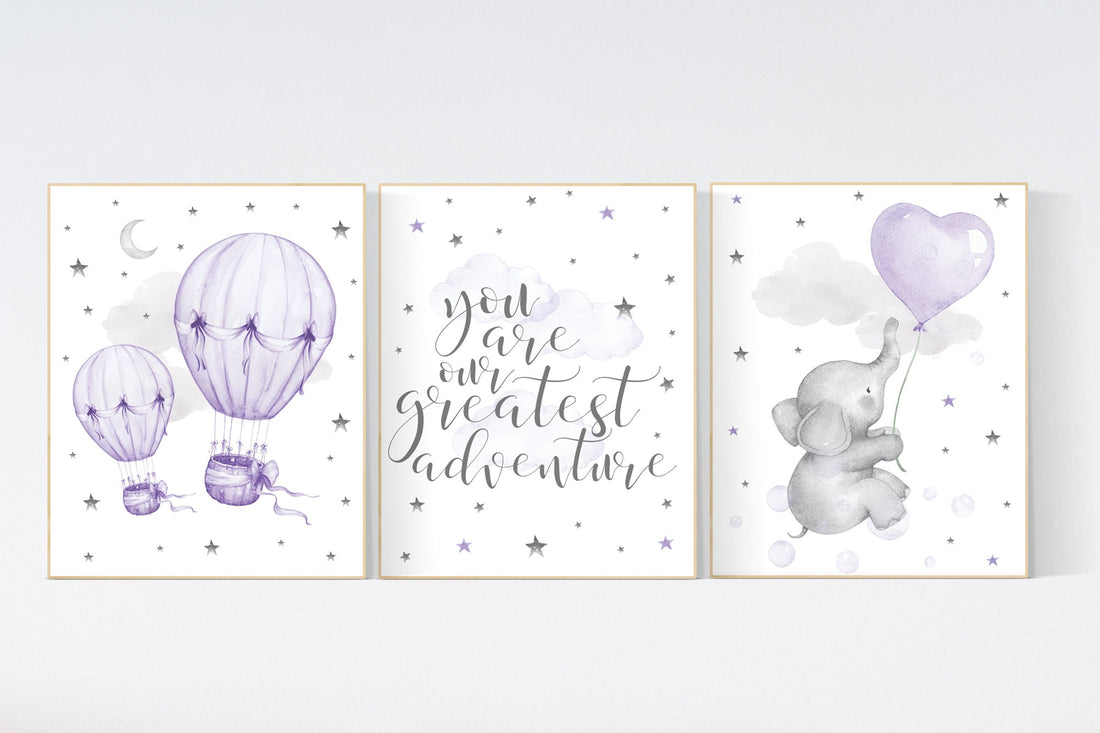 Nursery decor girl elephant, nursery decor girl purple, hot air balloon, lavender nursery, lilac nursery wall art. cloud and stars nursery