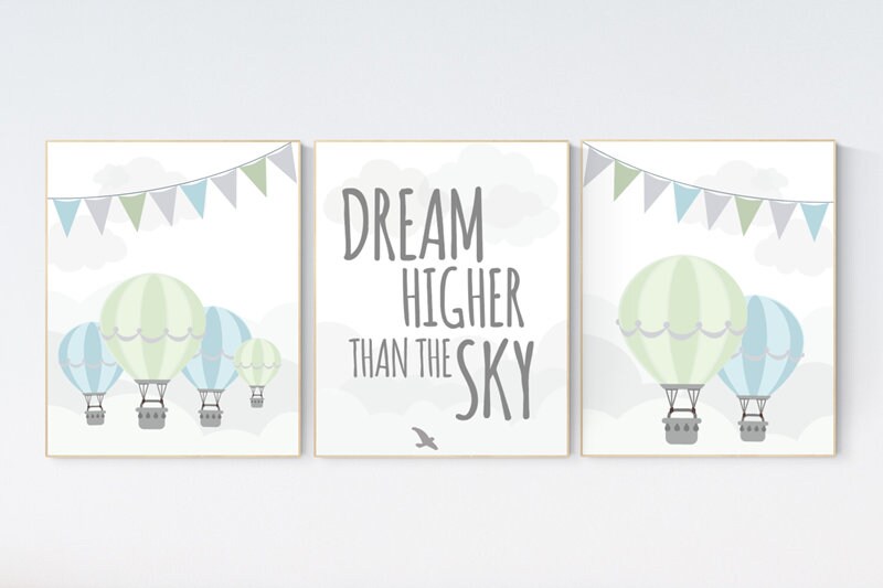 Mint blue nursery wall art, hot air balloon Nursery, mint and blue, baby room wall art, gender neutral, dream higher, gender neutral