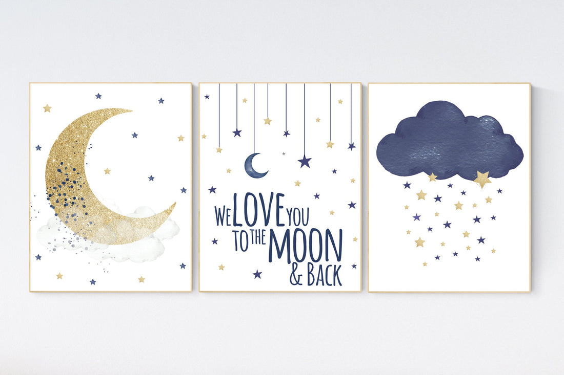 Navy nursery decor, cloud and stars, moon and stars, navy gold nursery art. baby room wall art, boy nursery decor, set of 3, nursery art