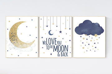 Navy nursery decor, cloud and stars, moon and stars, navy gold nursery art. baby room wall art, boy nursery decor, set of 3, nursery art
