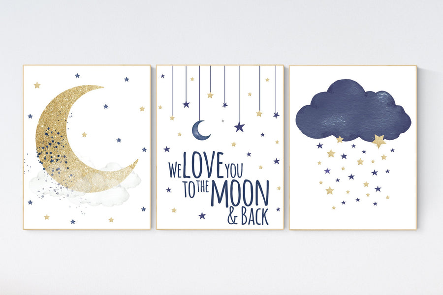 Navy nursery decor, cloud and stars, moon and stars, navy gold nursery art. baby room wall art, boy nursery decor, set of 3, nursery art
