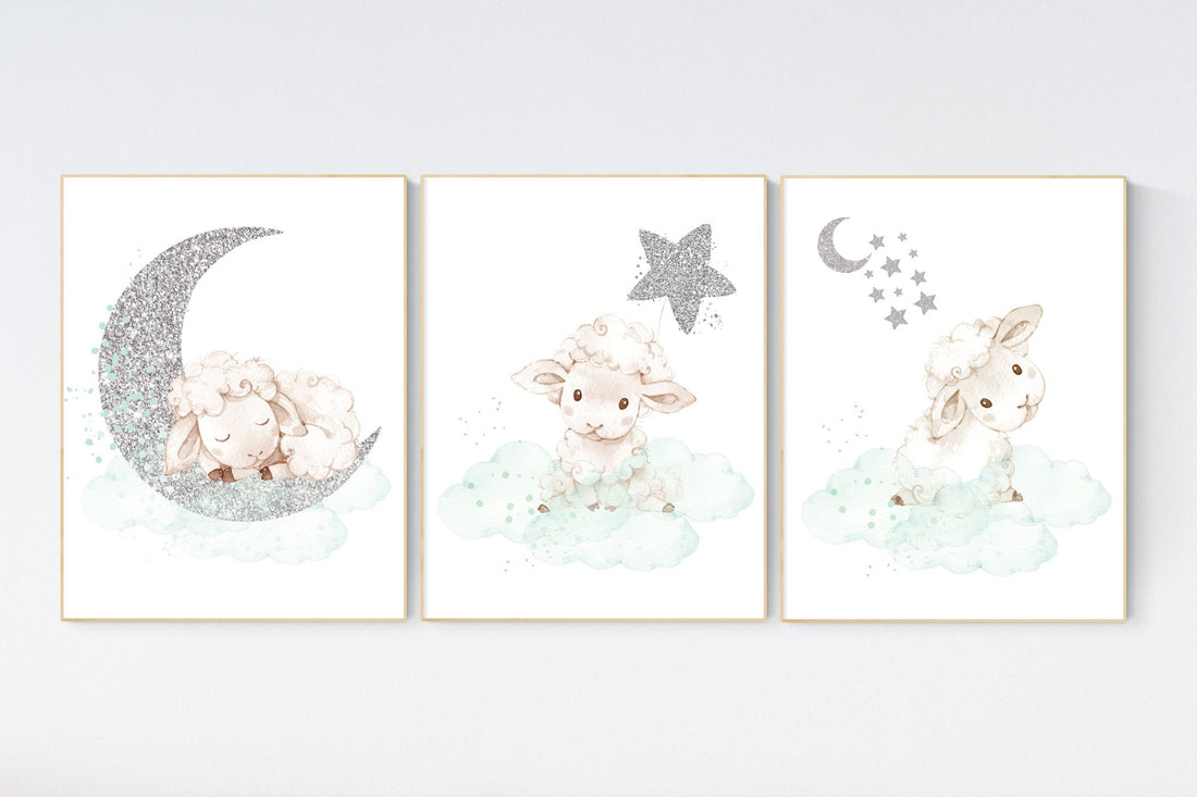 Mint nursery decor, nursery decor lambs, Sheep nursery decor, nursery wall art sheep, gender neutral nursery, cloud and star, mint green
