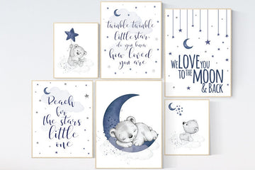 Nursery decor boy bear, boy nursery, moon and stars, navy nursery, boy nursery art, we love you to the moon and back