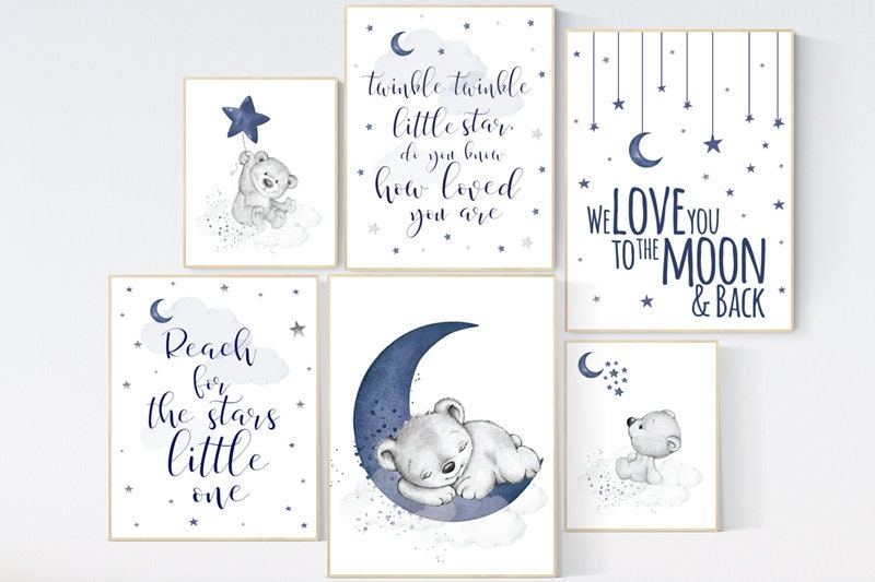 Nursery decor boy bear, boy nursery, moon and stars, navy nursery, boy nursery art, we love you to the moon and back