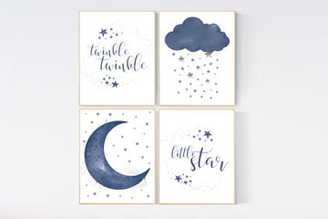 Nursery decor boy, navy nursery wall art boy, moon and stars, navy blue, navy nursery set, twinkle twinkle little star, boys room wall art