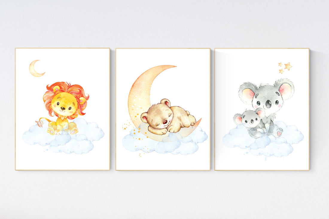 Nursery decor gender neutral, animal prints, lion, bear, koala, Nursery wall art gender neutral, jungle animal prints, forest animals
