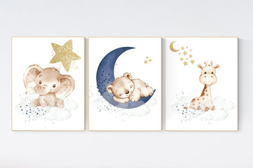 Nursery wall art animals, baby room decor navy gold, baby room decor bear, elephant, giraffe, animal nursery decor, nursery prints