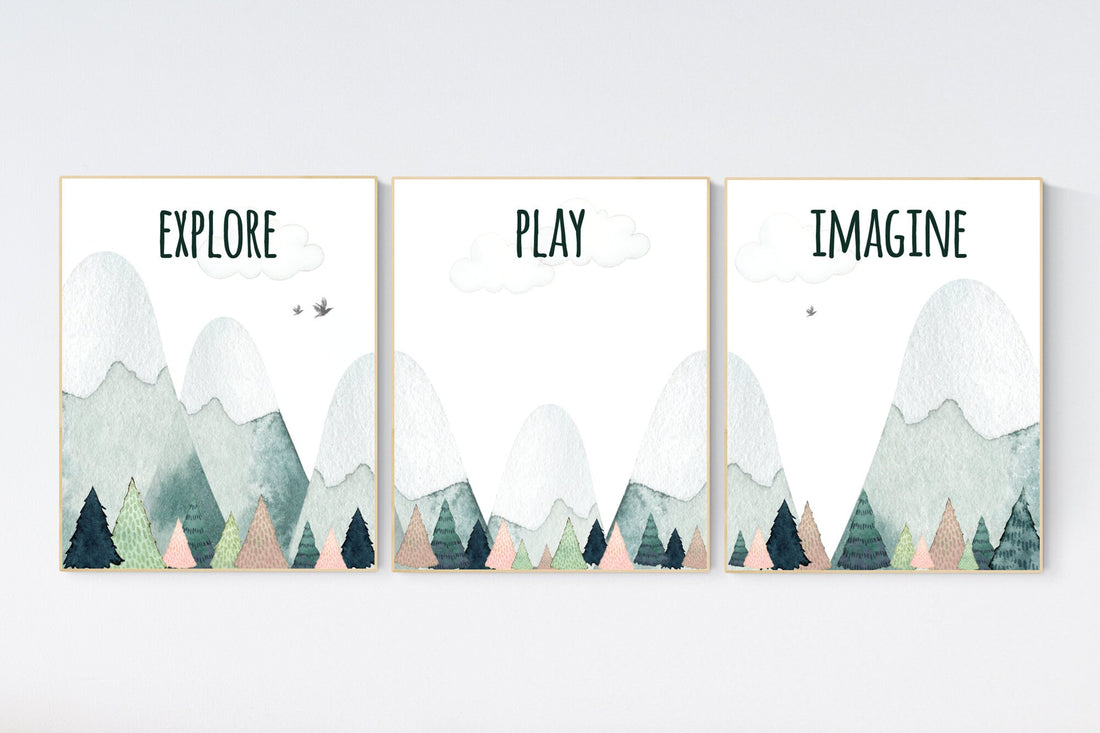 Nursery decor boy mountain, adventure nursery, adventure theme nursery, woodland, gender neutral, explore, play, imagine, mountains nursery