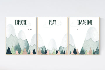 Nursery decor boy mountain, adventure nursery, adventure theme nursery, woodland, gender neutral, explore, play, imagine, mountains nursery