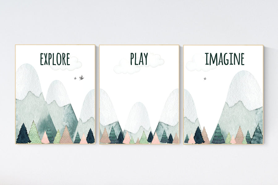 Nursery decor boy mountain, adventure nursery, adventure theme nursery, woodland, gender neutral, explore, play, imagine, mountains nursery