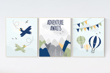 Adventure nursery decor, nursery decor airplane, world map nursery, adventure awaits, travel theme, gender neutral, mountain nursery