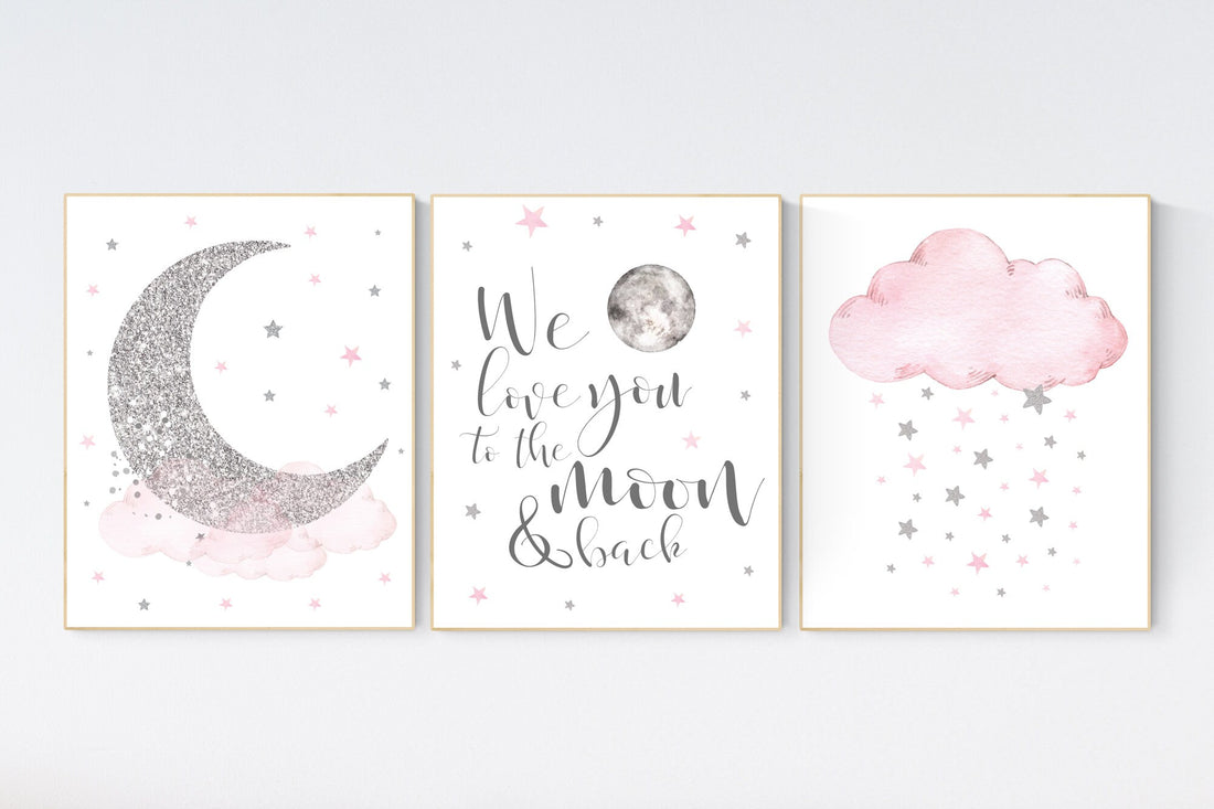 Nursery wall art girl, pink and silver nursery, cloud, stars, pink nursery art, cloud and stars, baby room decor for girls