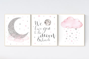 Nursery wall art girl, pink and silver nursery, cloud, stars, pink nursery art, cloud and stars, baby room decor for girls