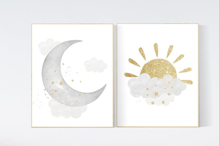 Nursery wall art grey, gray gold nursery, rainbow nursery, nursery decor neutral, baby room decor gender neutral, moon and stars, grey gold