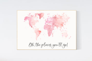 Blush pink watercolor world map, Nursery baby girl room, nursery wall art map, blush nursery, nursery decor girl map print