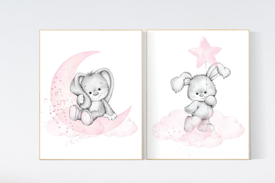 Nursery decor girl bunny, bunny print set, pink and gray nursery, rabbit nursery decor, girl nursery, bunny art, Bunny print nursery