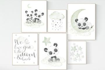 Panda nursery, green nursery decor, gender neutral prints, nursery wall art, panda prints, animal nursery wall art, neutral nursery