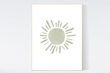 Nursery decor sage green, sunshine, green nursery, sun print, gender neutral, nursery wall art, nursery prints