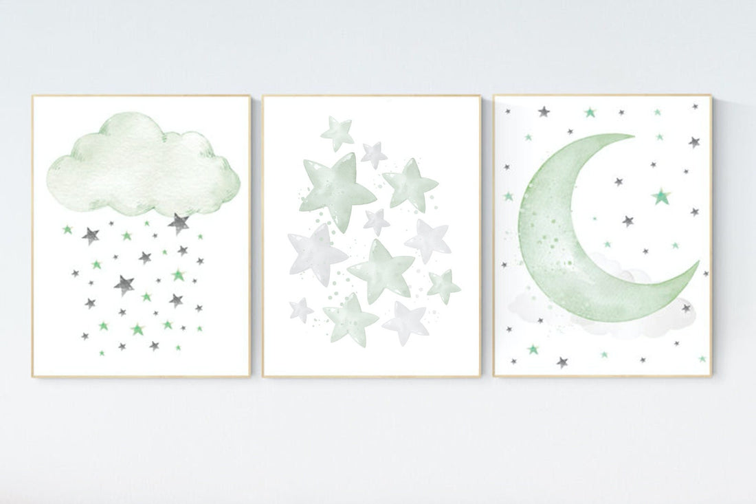 Sage green nursery decor, gender neutral nursery, sage green, moon and stars, set of 3, nursery prints, green nursery, star nursery