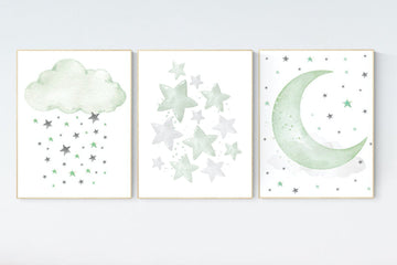 Sage green nursery decor, gender neutral nursery, sage green, moon and stars, set of 3, nursery prints, green nursery, star nursery