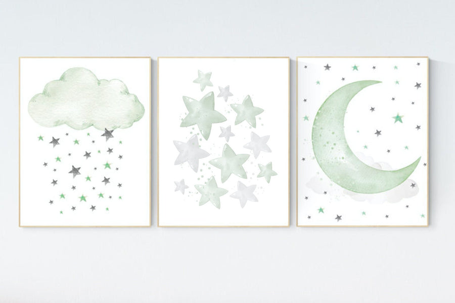 Sage green nursery decor, gender neutral nursery, sage green, moon and stars, set of 3, nursery prints, green nursery, star nursery