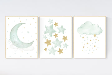 Sage green gold nursery decor, gender neutral nursery, sage green, moon and stars, set of 3, nursery prints, green gold nursery