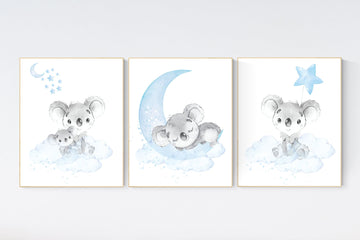 Koala nursery, moon and stars, baby  blue nursery art, nursery prints animals, boy nursery decor, koala mother and baby, blue and gray