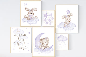 Nursery decor girl flower bunny, Nursery wall art girl, Rabbit nursery print, nursery print set girl, purple, lilac nursery, bunny