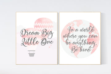 Blush pink nursery, nursery decor girl, globe nursery, travel theme, dream big little one, hot air balloon, girl room decor, blush nursery