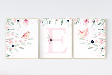 Baby girl wall decor, Girl nursery decor, pink navy, bird nursery wall art, floral nursery, flower nursery, Baby Girl Nursery, Bird Theme