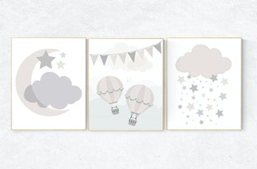 Gender neutral nursery, Cloud nursery, beige and cream, hot air balloon, Nursery Decor, Gray Beige, gender neutral nursery, gray nursery