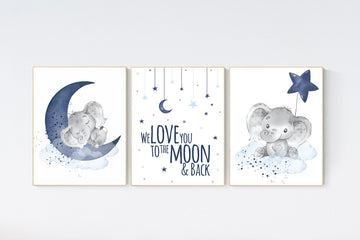 Nursery decor boy elephant, navy nursery decor, we love you to the moon and back, moon and stars, navy blue nursery art, elephant nursery