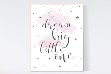 Dream big little one, nursery wall art, pink nursery decor, nursery decor baby girl, stars nursery decor, nursery prints, nursery decor