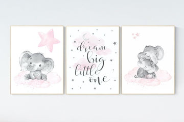 Nursery decor elephant, nursery decor girl elephant, moon and stars, baby room decor girl, nursery prints girl, dream big little one