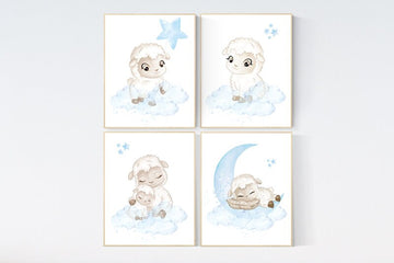 Sheep nursery decor, blue grey nursery, nursery decor lambs, nursery wall art sheep, moon and cloud wall art nursery, gray blue, nursery art