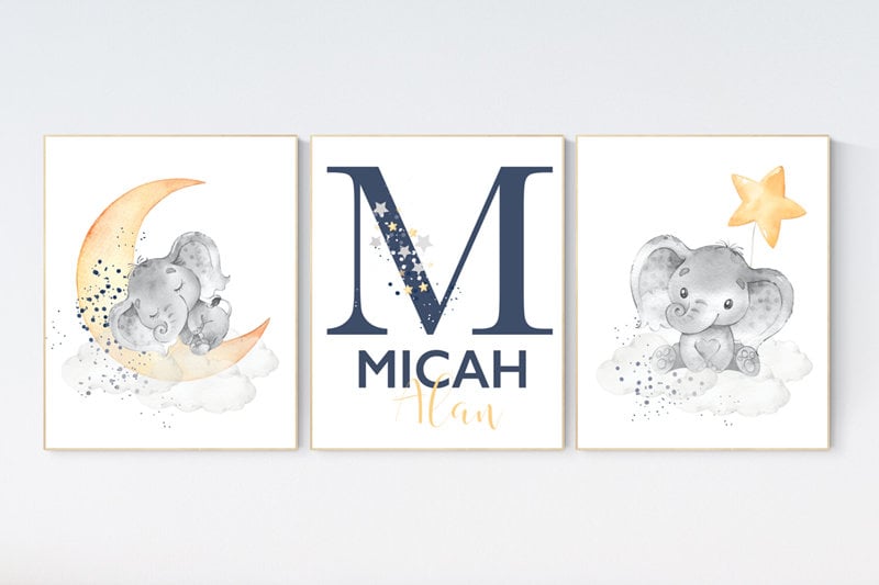 Elephant nursery, Navy yellow nursery decor, navy and yellow nursery art, baby room wall art, boy nursery wall decor, nursery prints boy