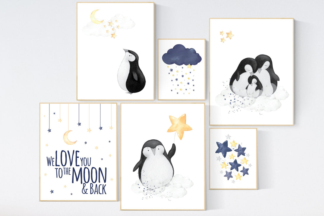 Nursery decor boy, navy blue and yellow nursery, penguin nursery wall art boy, navy Blue, moon and stars, navy nursery wall decor, boys room