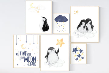 Nursery decor boy, navy blue and yellow nursery, penguin nursery wall art boy, navy Blue, moon and stars, navy nursery wall decor, boys room