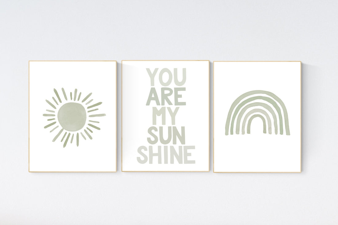 Nursery prints rainbow, gender neutral, sage green nursery wall decor, rainbow, sun, you are my sunshine, nursery decor neutral, green